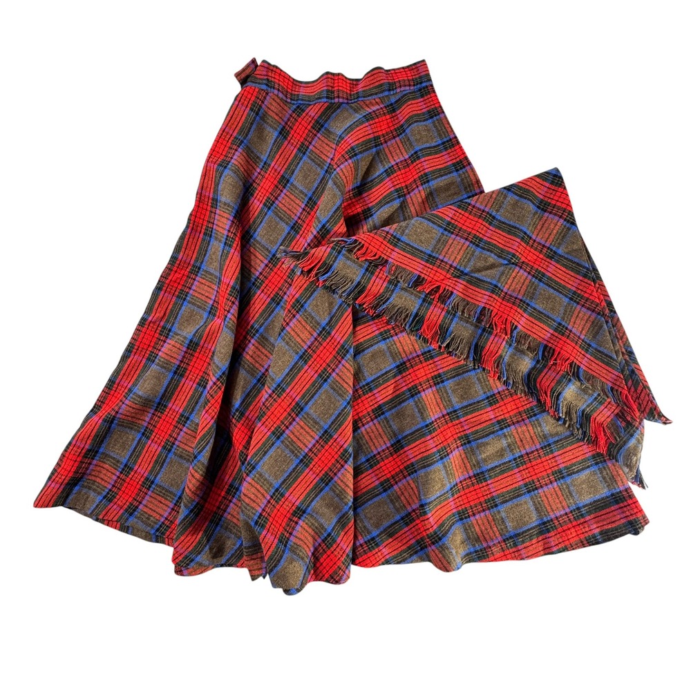 Handmade Plaid Wool Skirt & Shawl Set Womens 27 Waist Red Brown Vintage 1970s